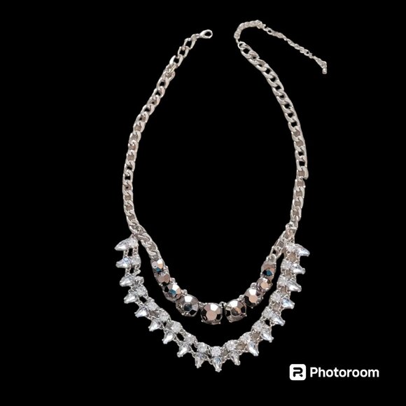 Double Strand Bib Necklace with Rhinestone Teardrops and Bronze Gem Stones - Picture 3 of 7